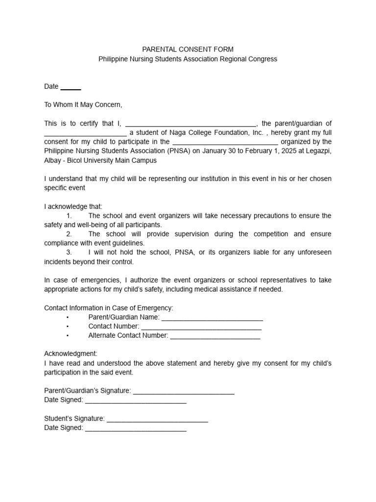 Parental Consent for Nursing Congress | PDF