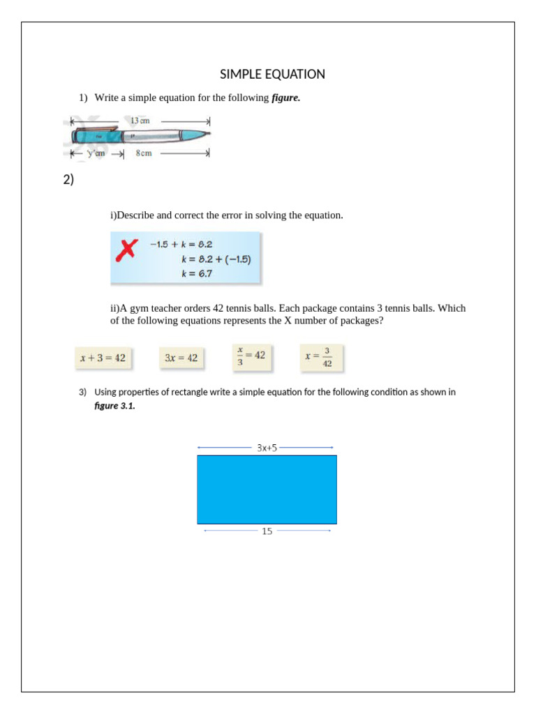 Grade 7 Simple Equation HY Revision Worksheet | PDF
