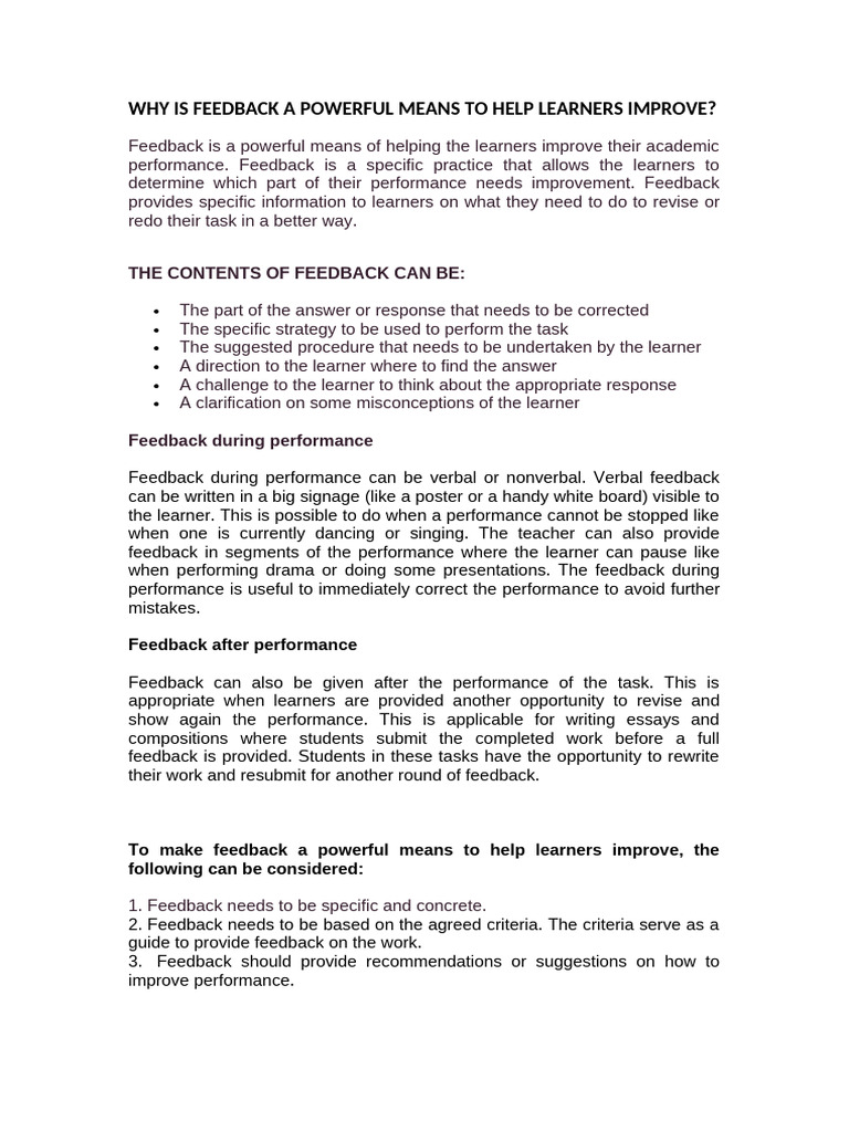 Power of Feedback in Learning Improvement | PDF | Metacognition ...