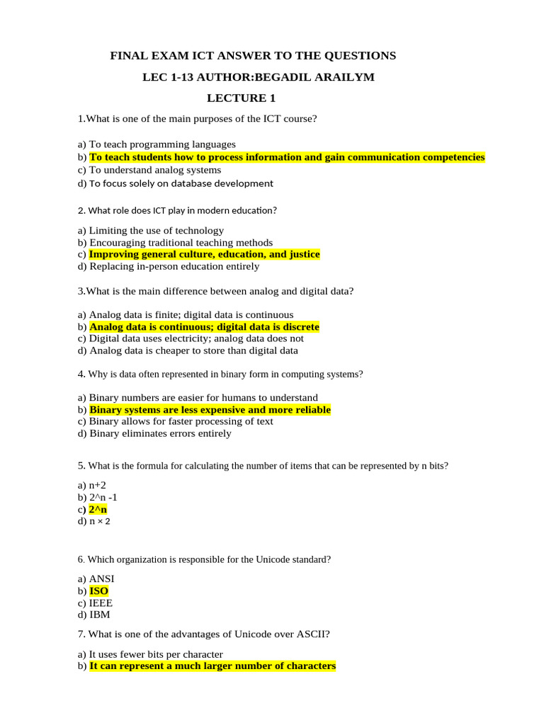 ICT Final Exam Answers Overview | PDF | Computer Network | Phishing
