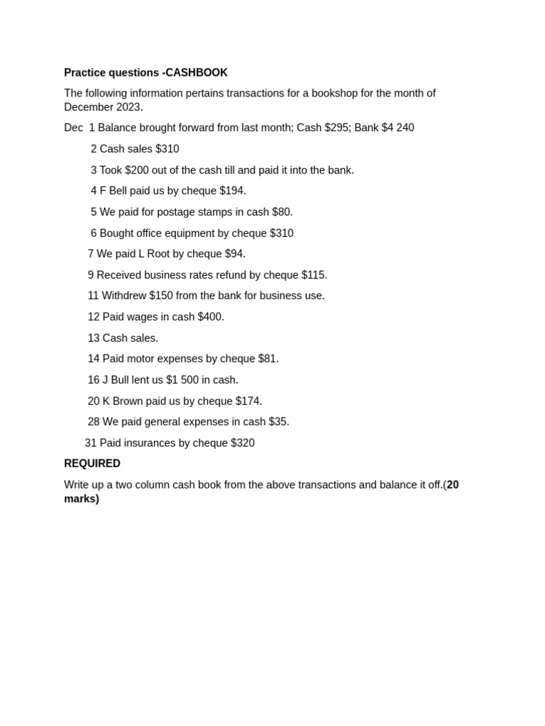 December 2023 Cashbook Practice Questions | PDF