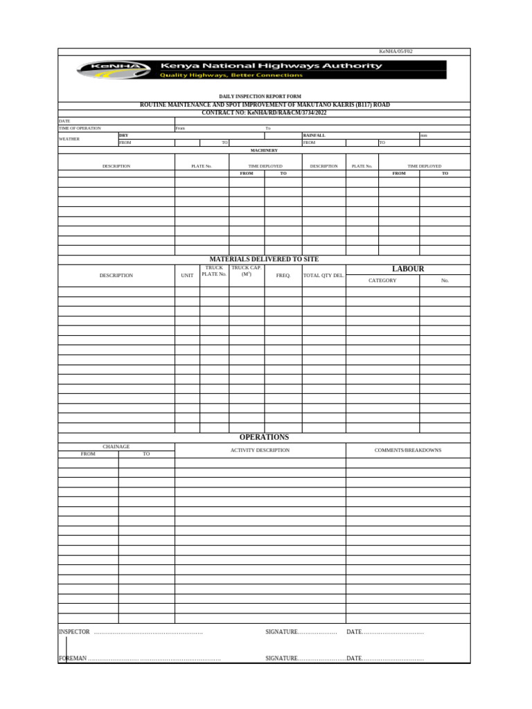 Daily Inspection Report for Road Maintenance | PDF