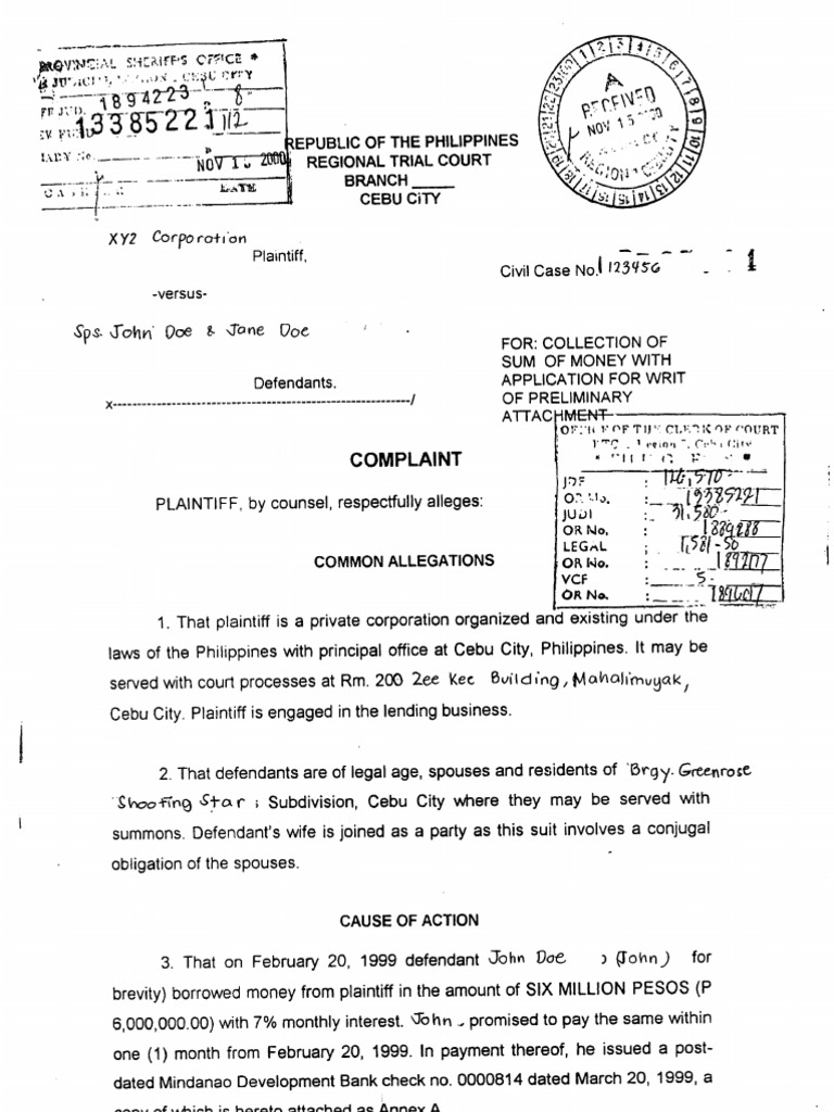 Sample Complaint Preliminary Attachment With Writ | PDF | Foreign ...