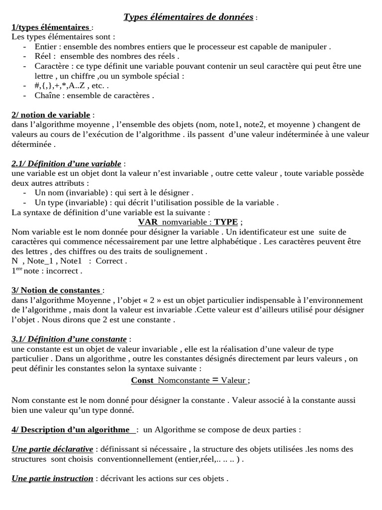 Types de données et variables en algorithme | PDF | Variable ...