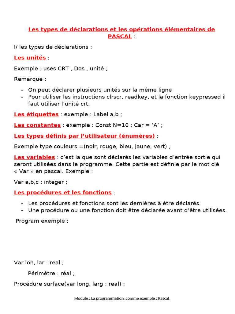 Types et opérations en Pascal | PDF | Informatique | Programmation ...