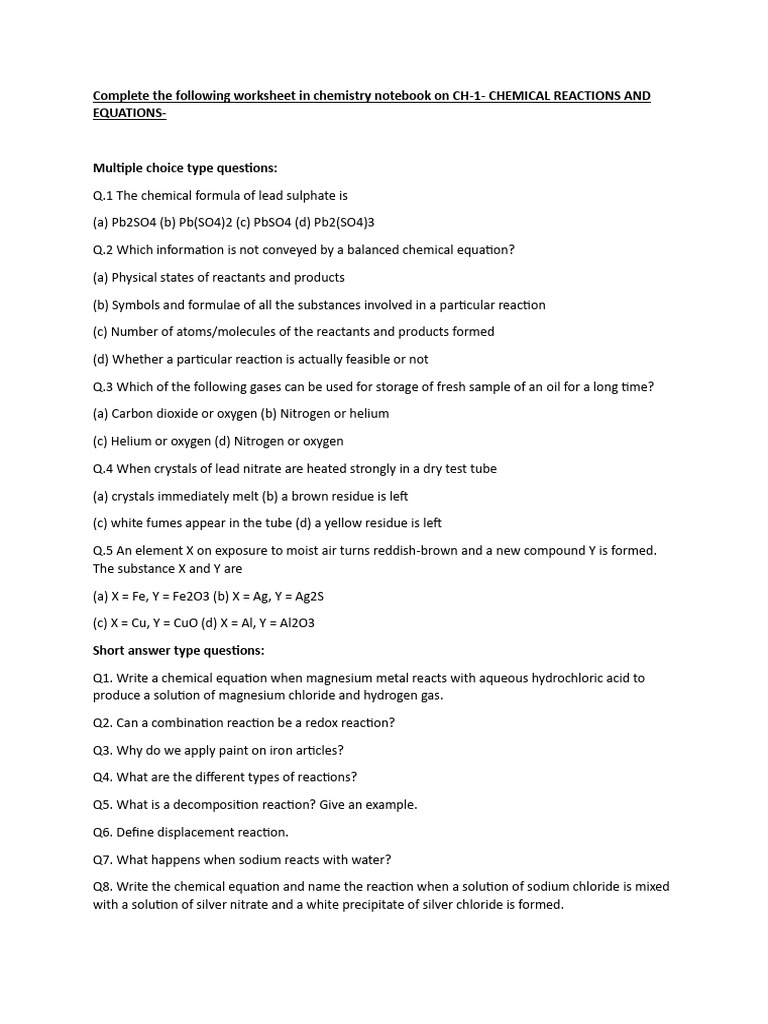 Chemistry Worksheet: Chemical Reactions | PDF | Chemical Reactions ...