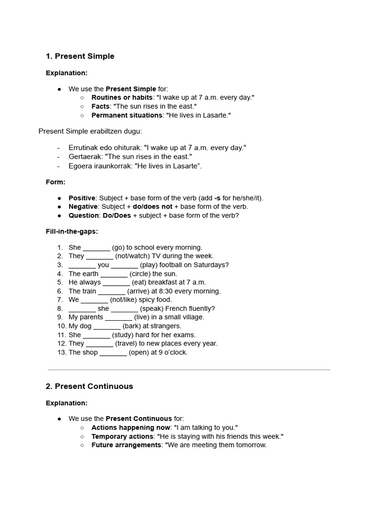 Present+ Past Simple - Continuous + Present Perfect Simple | PDF ...