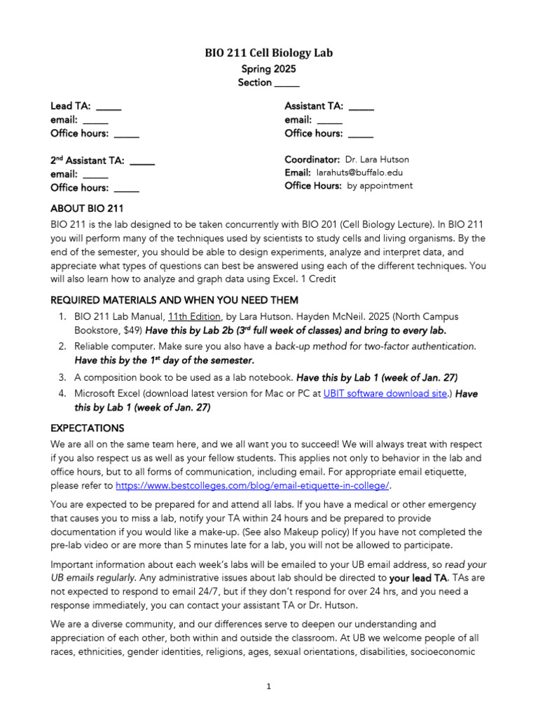 BIO 211 Lab Manual Overview 2025 | PDF | Microsoft Excel | Personal ...