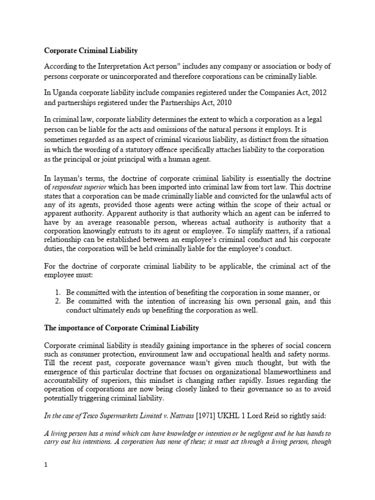 Corporate Criminal Liability Explained | PDF | Legal Liability | Law Of ...