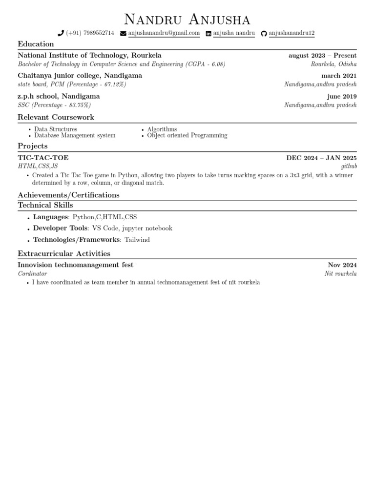 Nandru Anjusha: Computer Science Resume | PDF