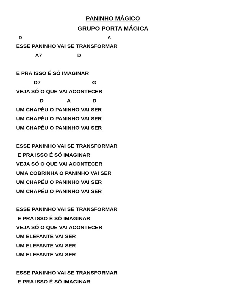 Paninho Mágico: Letra da Música Infantil | PDF