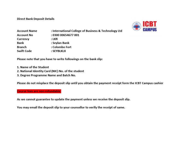 Direct Bank Deposit Instructions for ICBT | PDF