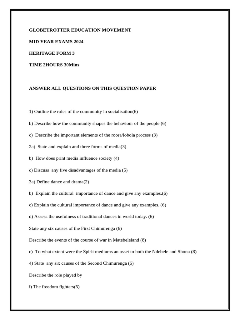 Heritage Studies Form 3 Exam Paper | PDF