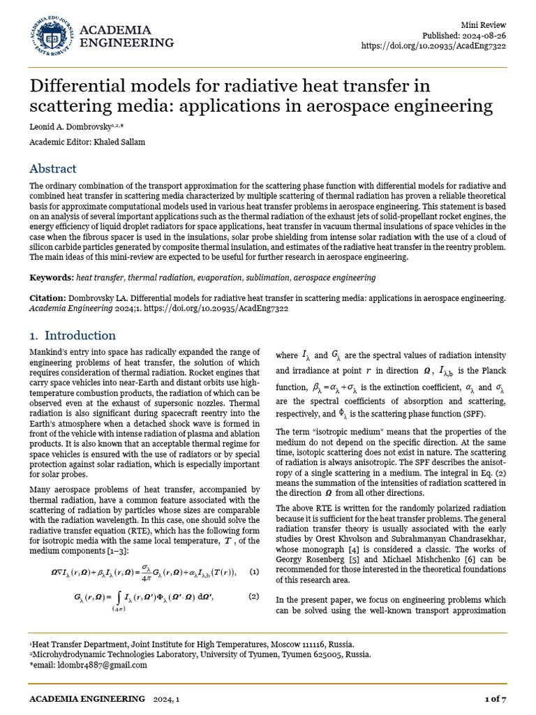 Radiative Heat Transfer in Aerospace | PDF | Scattering | Heat Transfer