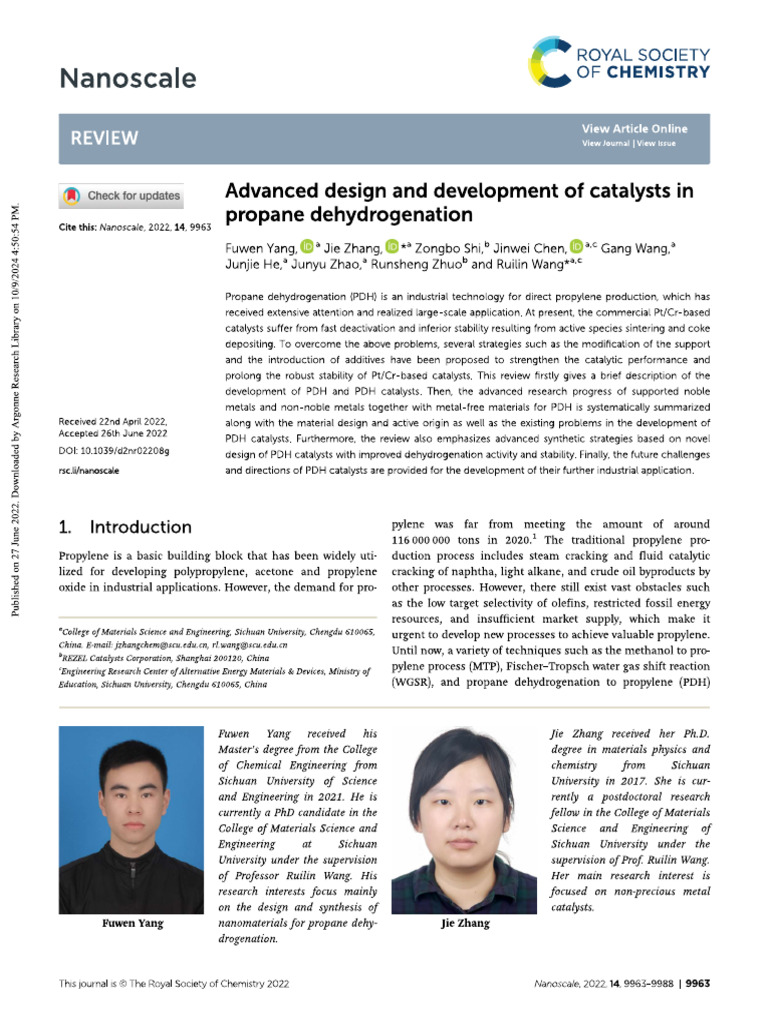 Advanced Design and Development of Catalysts in Propane Dehydrogenation ...