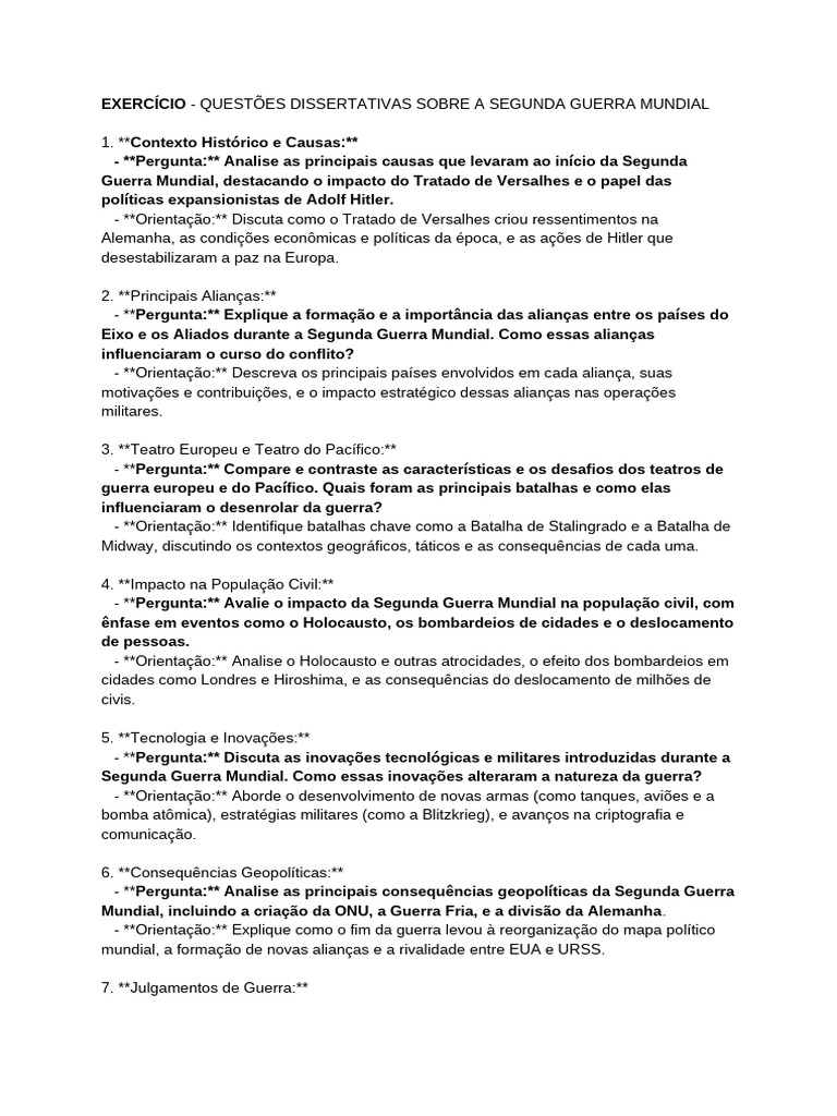 Exercícios sobre a Segunda Guerra Mundial | PDF | Segunda Guerra ...