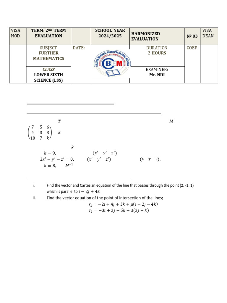 Further Mathematics Exam: Matrices & Vectors | PDF