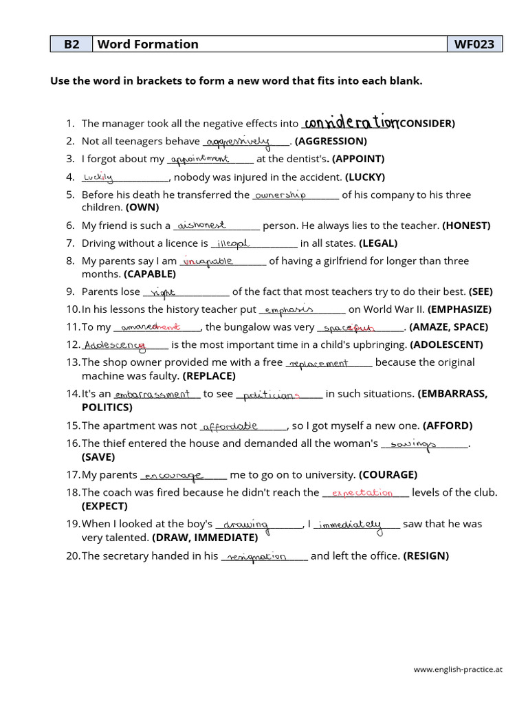 B2 Word Formation Exercises and Answers | PDF | Adolescence | Family