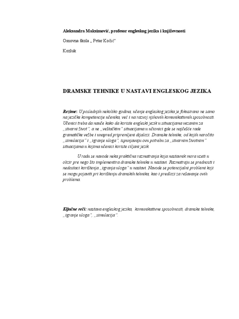 Dramske Tehnike U Nastavi Engleskog Jezika | PDF