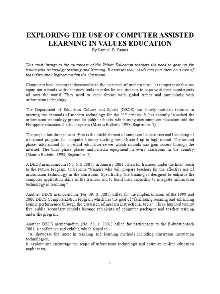 EXPLORING THE USE OF COMPUTER ASSISTED LEARNING IN VALUES EDUCATION by ...