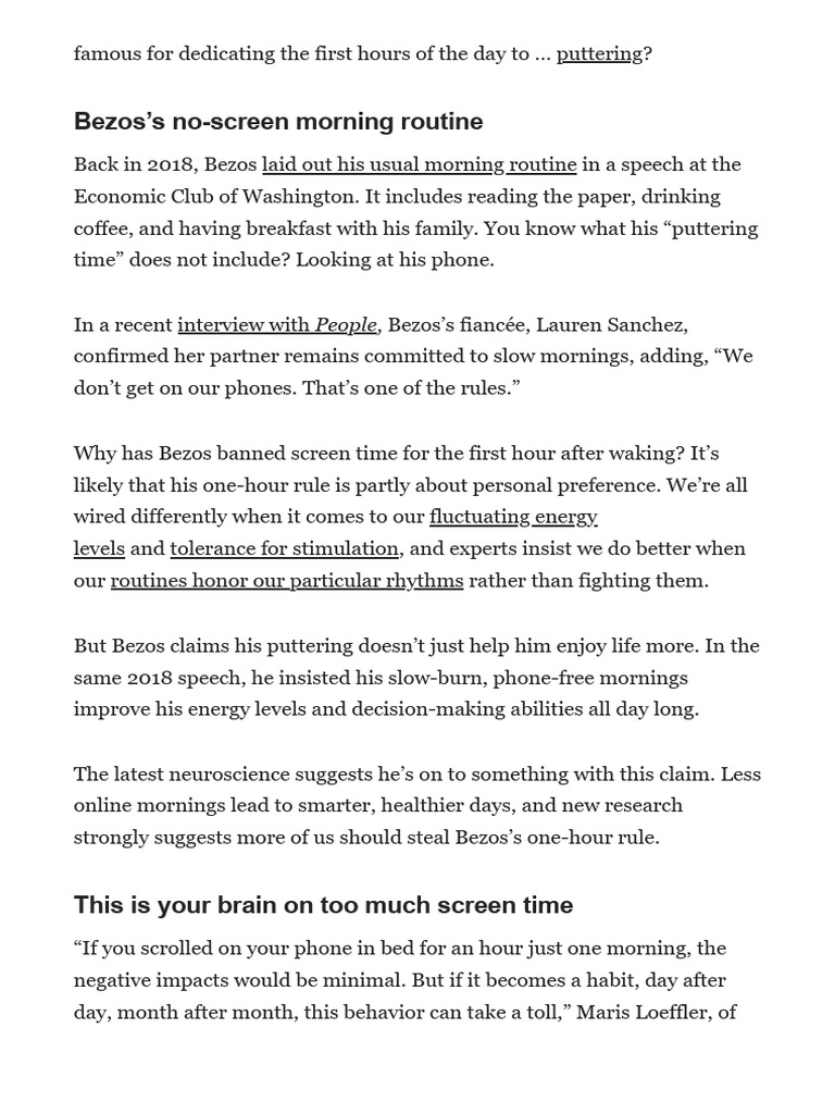 Bezos's No-Screen Morning Routine | PDF