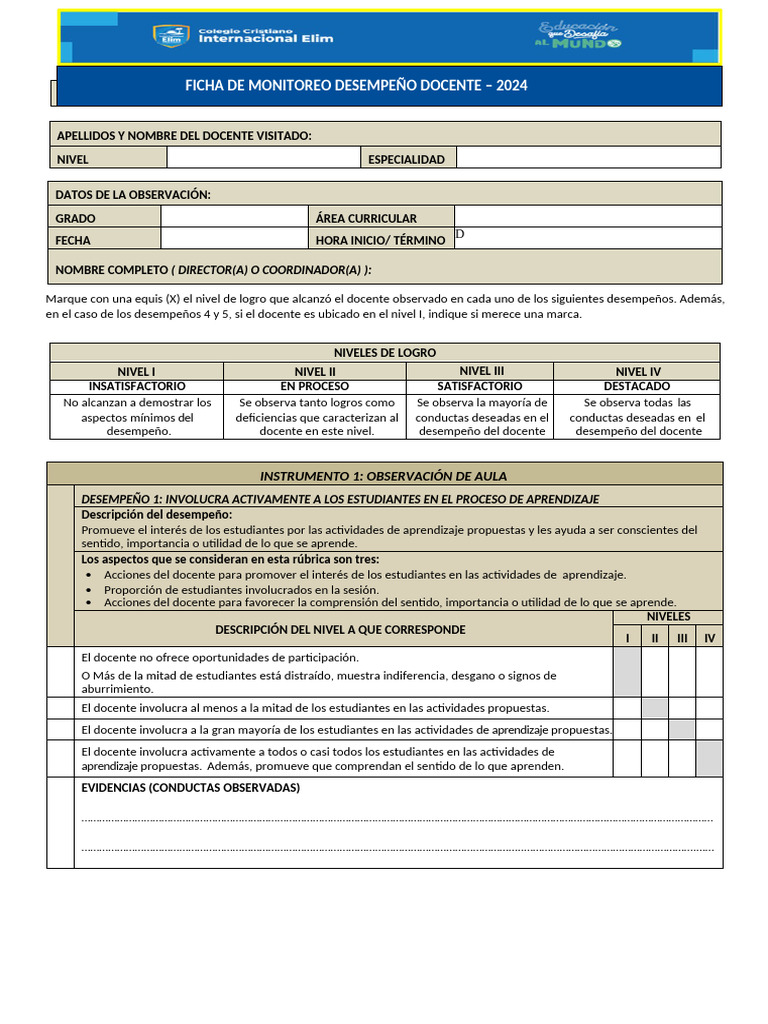 Ficha de Monitoreo Docente Elim 2024 - #01 | PDF | Evaluación | Aprendizaje