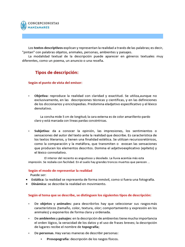 Tipos y Ejemplos de Textos Descriptivos | PDF | Realidad