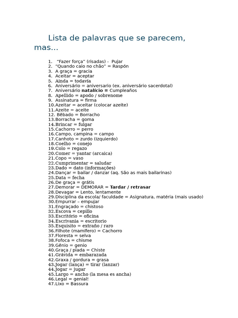 Palavras Semelhantes em Português e Espanhol | PDF