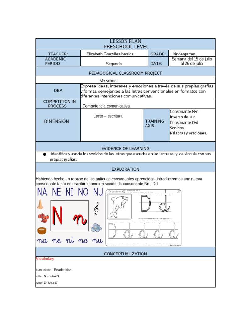 Plan de Clase: Letras N y D en Preescolar | PDF | Lingüística ...