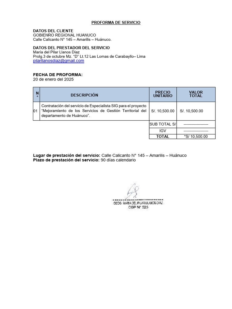 Proforma Servicio SIG Huánuco | PDF