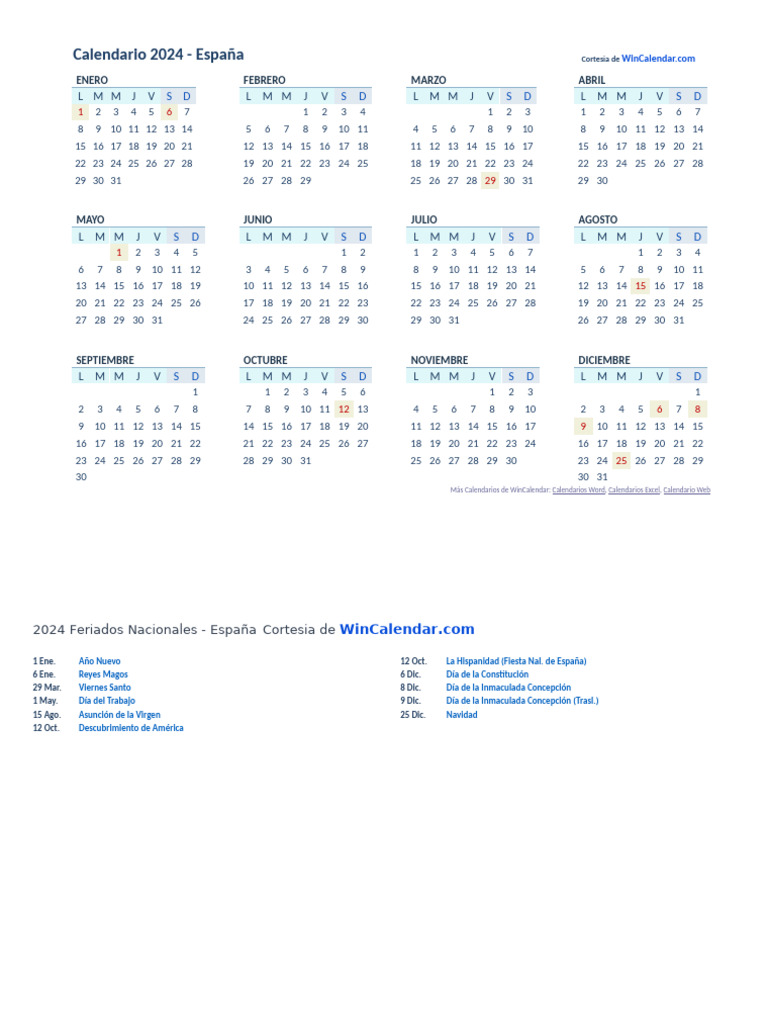 Calendario y Feriados España 2024 | PDF | Fiestas cristianas y días ...