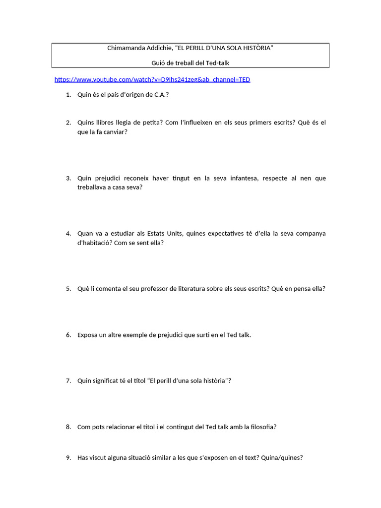 Activitat - El Perill D'un Unic Relat | PDF