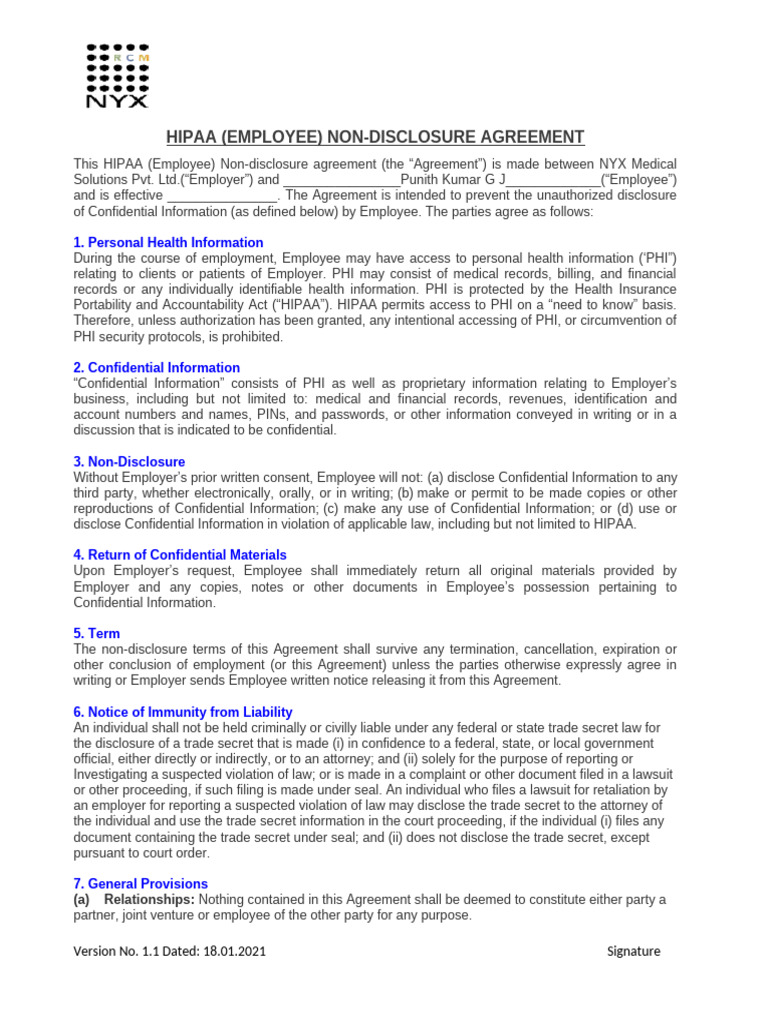 Hipaa (Employee) Nda v1.1 | PDF | Non Disclosure Agreement | Health ...