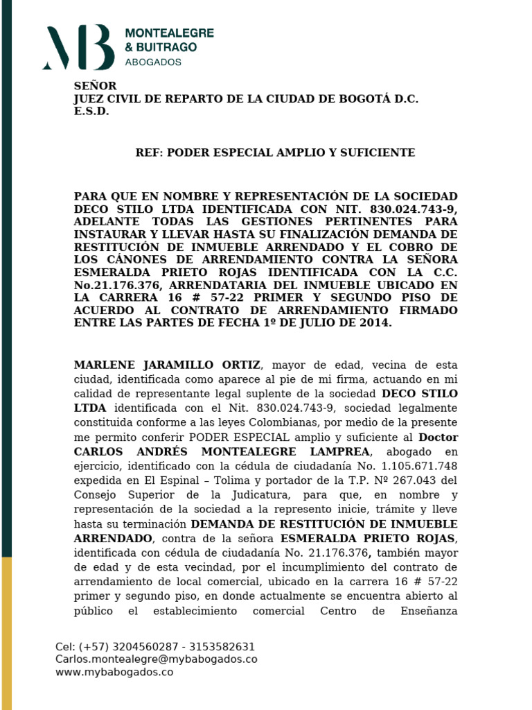 Poder Especial para Demanda de Restitución | PDF | Documento de ...