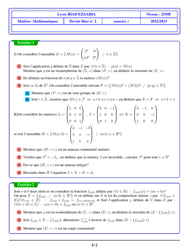 Devoir de Mathématiques 2SMF 2022/2023 | PDF | Structure algébrique ...