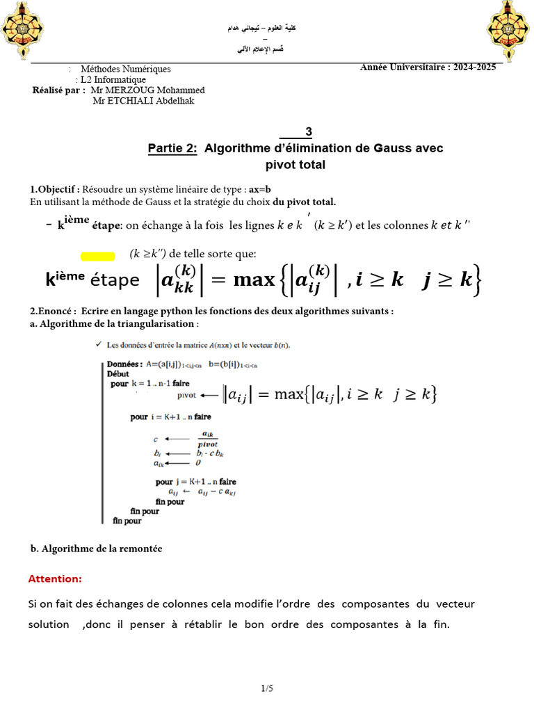Algorithme de Gauss avec pivot total | PDF | Algèbre linéaire ...
