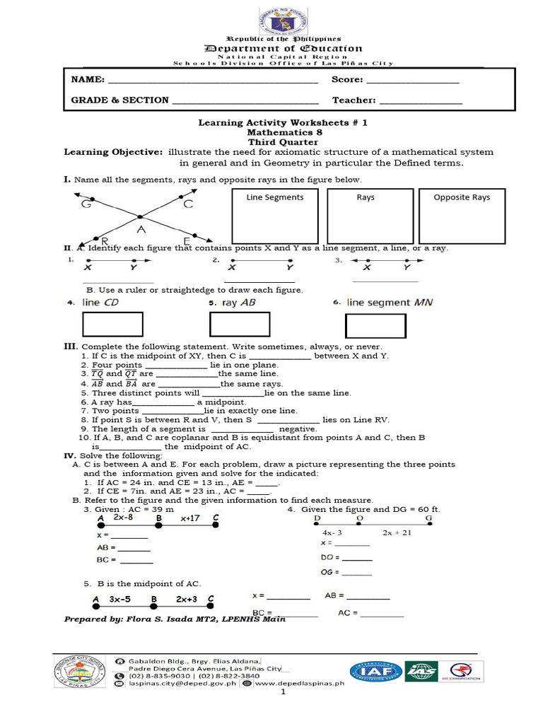 Math 8 Learning Activity Worksheets | PDF | Perpendicular | Euclidean ...