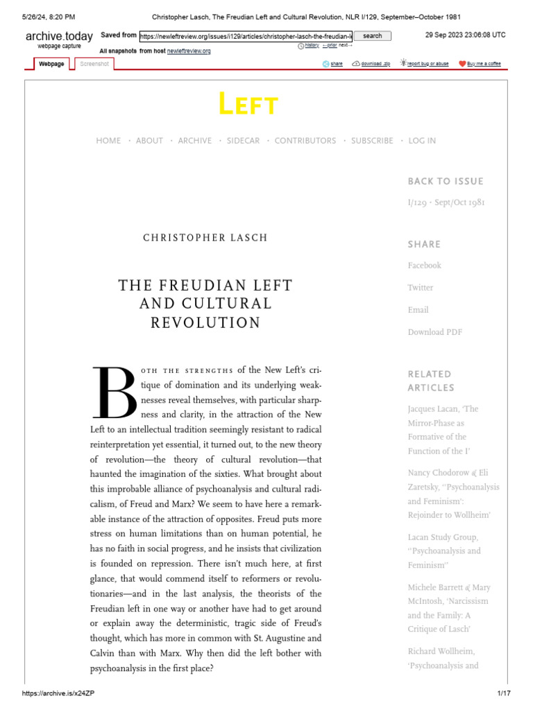 Christopher Lasch, The Freudian Left and Cultural Revolution, NLR I ...