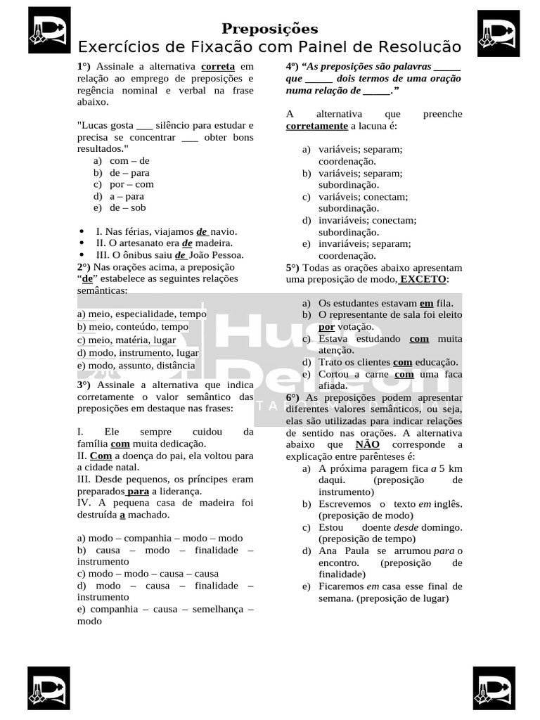 Exercícios sobre Preposições e Regência | PDF | Preposição e posposição