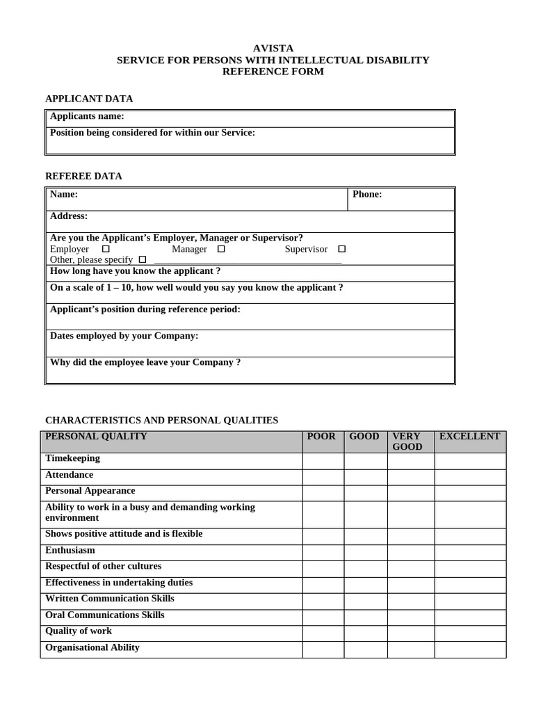 Reference form in WORD | PDF | Employment | Social Psychology