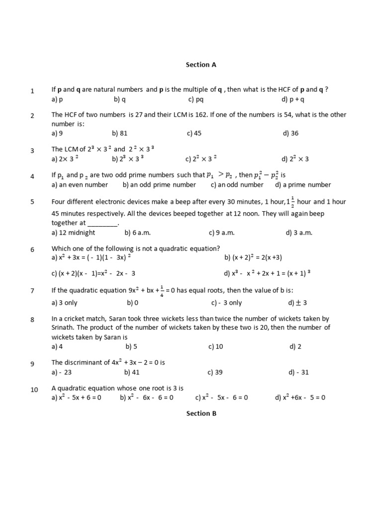 Class X Mathematics MCQ Test 2024 | PDF | Numbers | Area