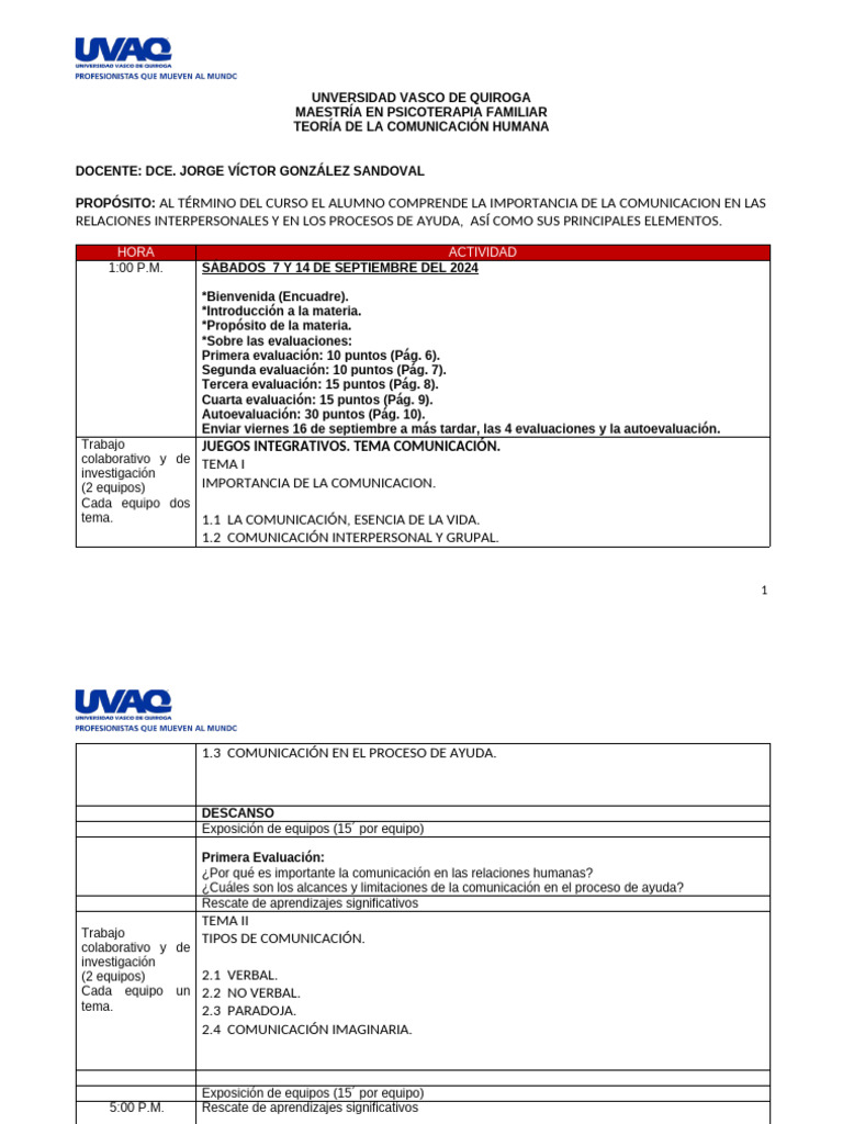 2024 PLAN DE CLASE TEORÍA DE LA COMUNICACIÓN HUMANA (1) | PDF ...