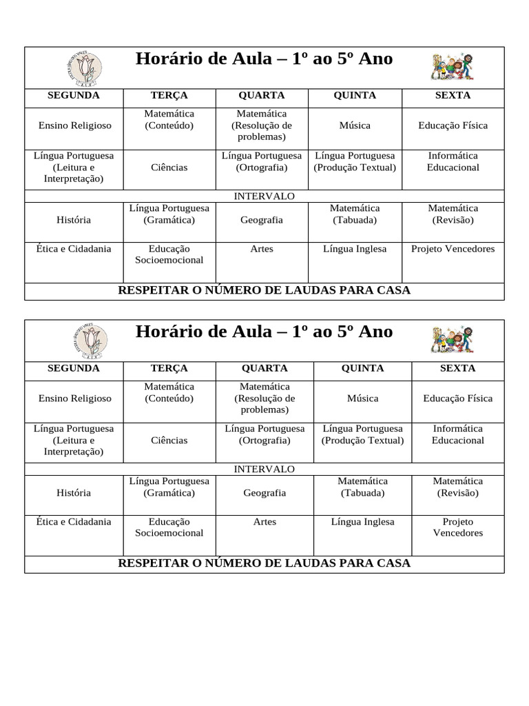 Horário de Aula 1º Ao 5º Ano | PDF
