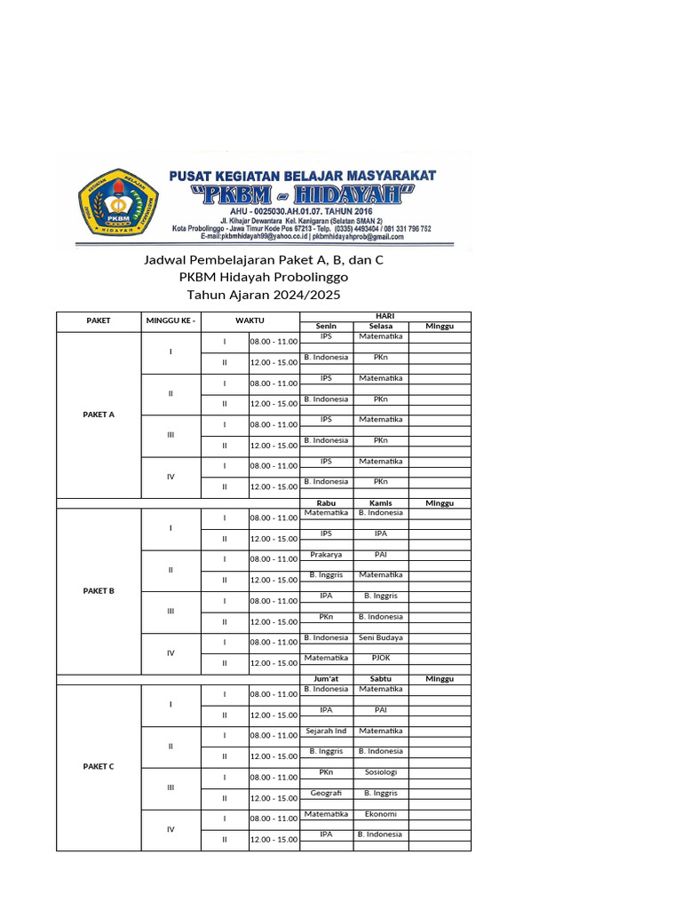 Jadwal Pembelajaran Paket A, B, C 2024 | PDF