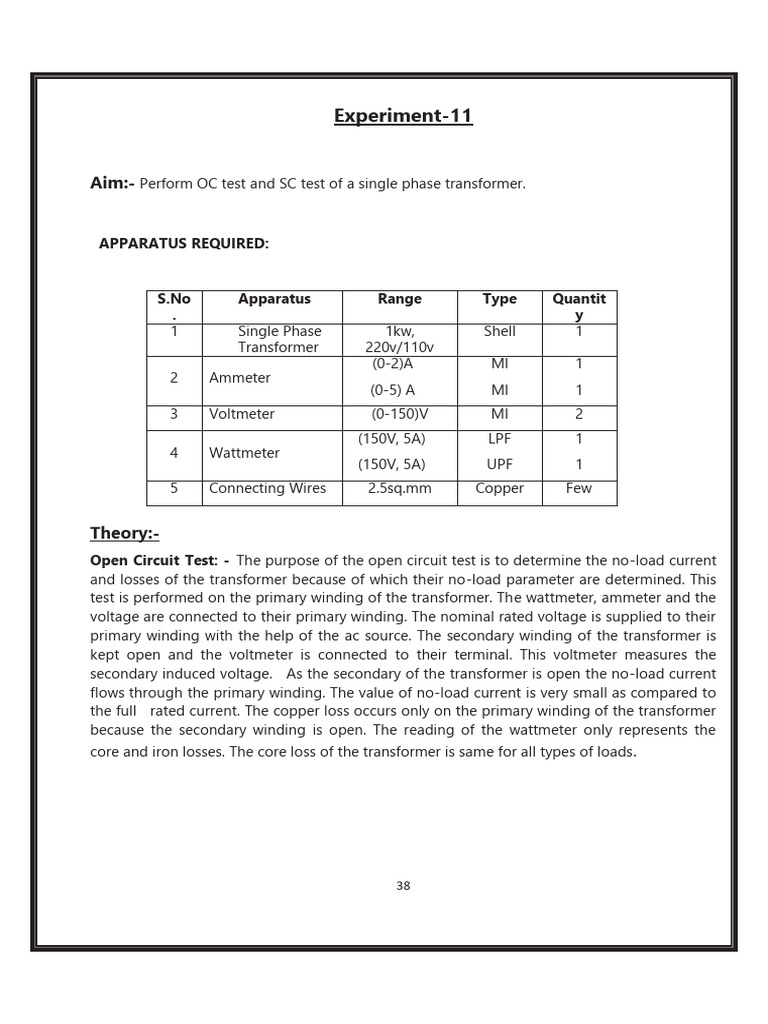 OC and SC Tests of Single Phase Transformer | PDF | Transformer | Voltage