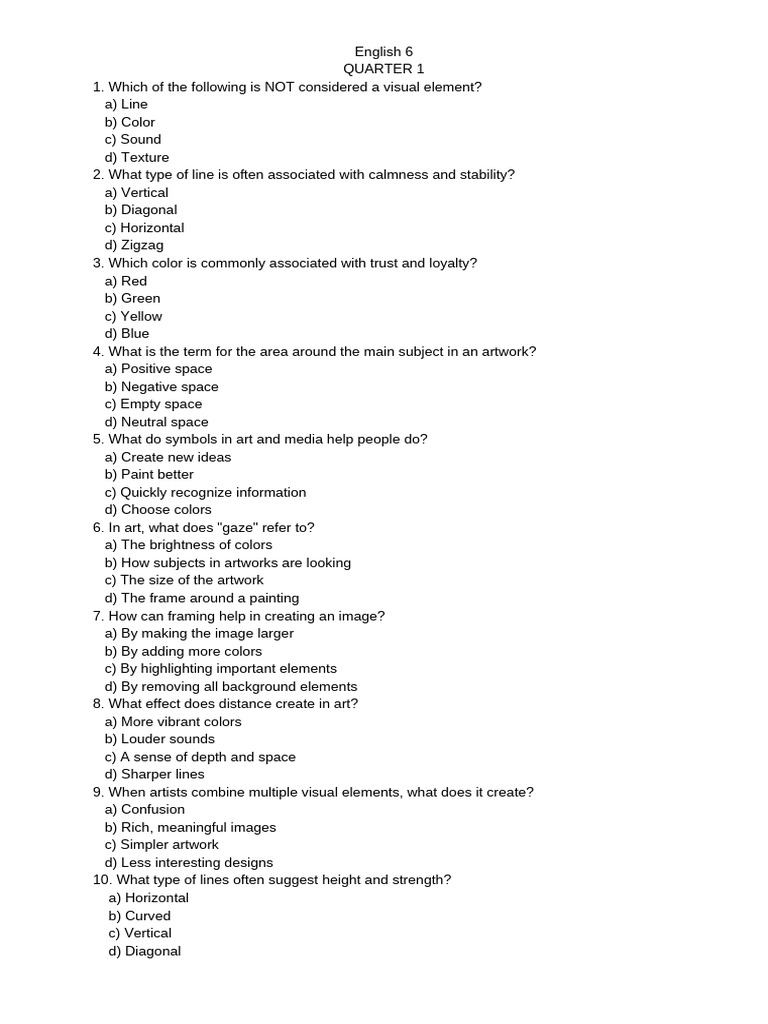 Visual Elements Quiz for Grade 6 | PDF | Color | Image