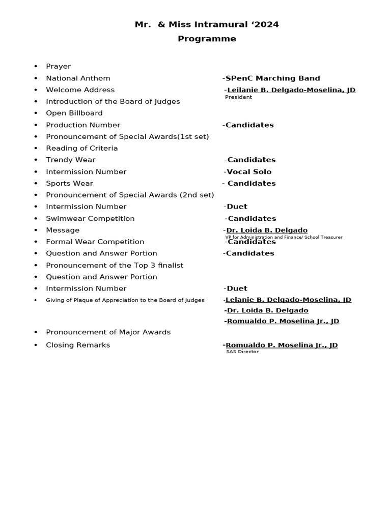 Mr. & Miss Intramural 2024 Program Schedule | PDF