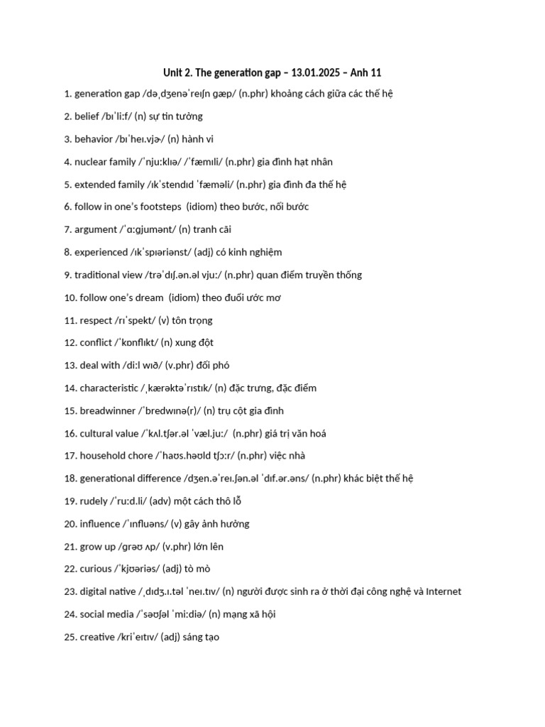 Unit 2. The Generation Gap - 13.01.2025 - Anh 11 | PDF