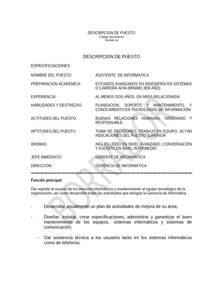 PERFIL PUESTO ASISTENTE DE INFORMATICA | PDF | Informática