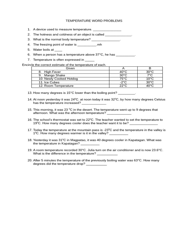 Temperature Word Problems Worksheet | PDF